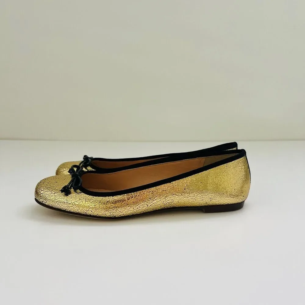 J. CREW Franklin Crackled Gold Leather Ballet Flats WIth Black Trim - US 6.5